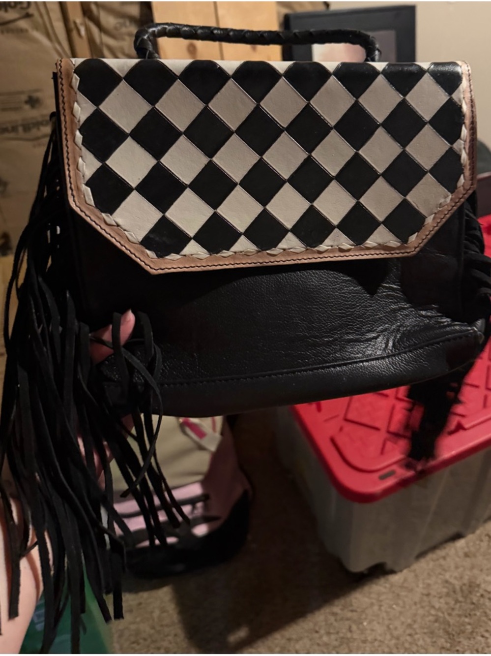 Woven Black & White Fringe Mini Top-Handle Bag